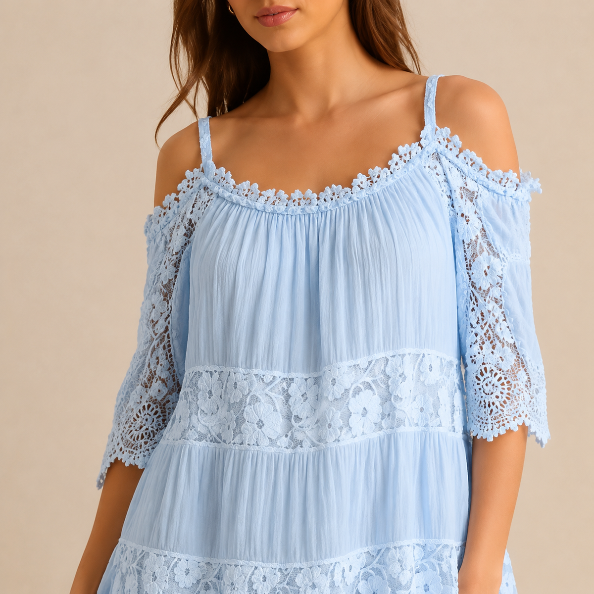 Off Shoulder Crochet Lace Trim Tiered Midi Dress 17