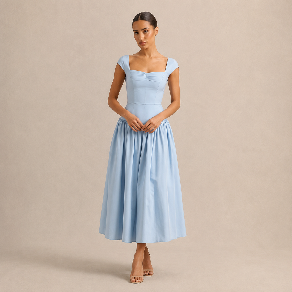 Square Neck Cap Sleeve Ruched Corset Fit and Flare Midi Dress 7
