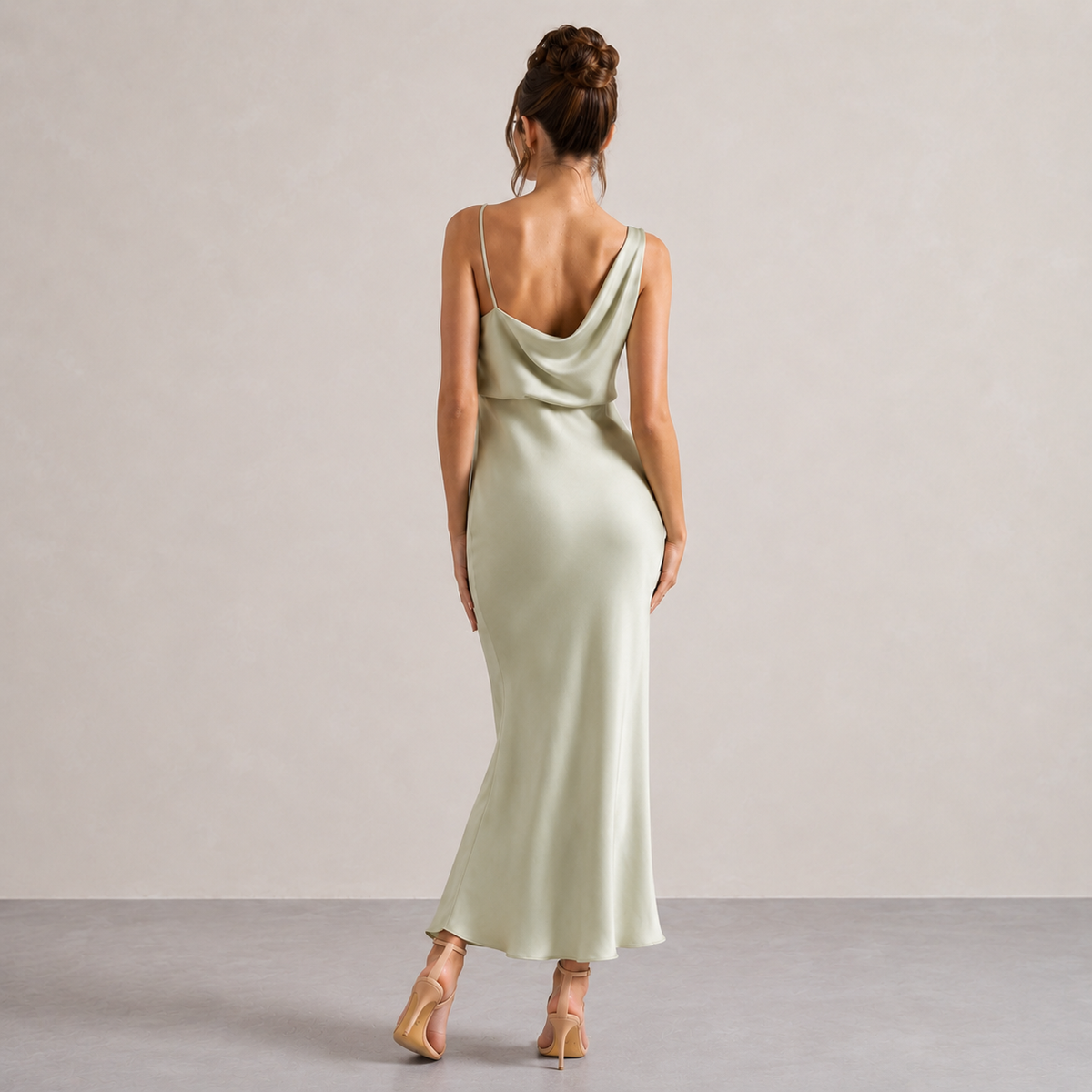 Cowl Neck Asymmetric Strap Satin Slip Maxi Dress 9