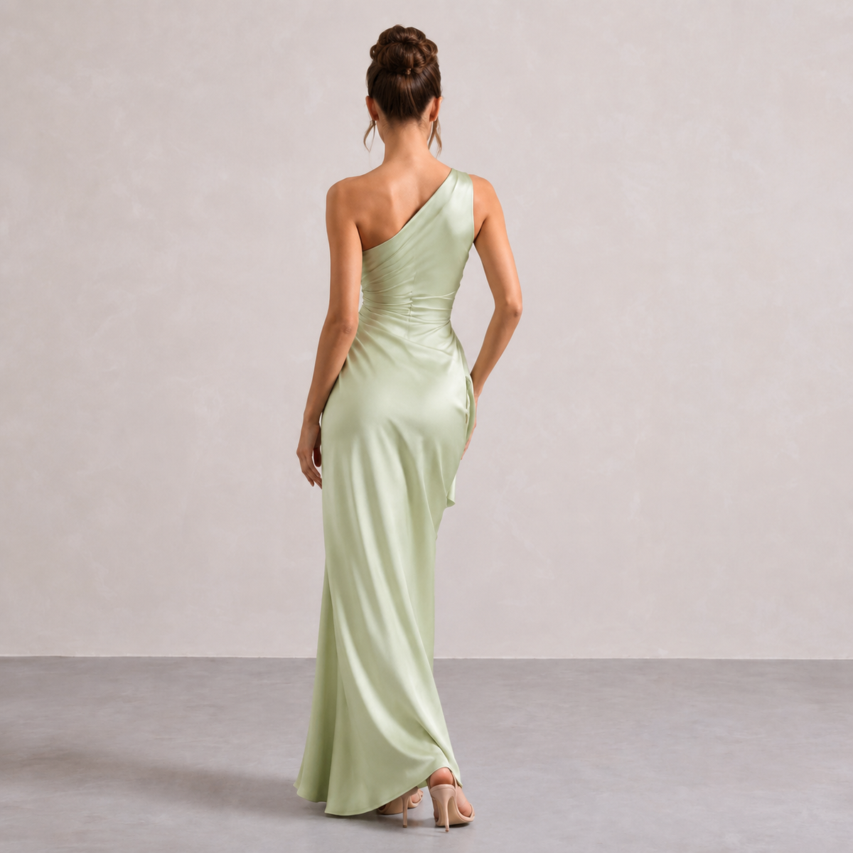 One Shoulder Ruched Draped Satin Midi Dress 15