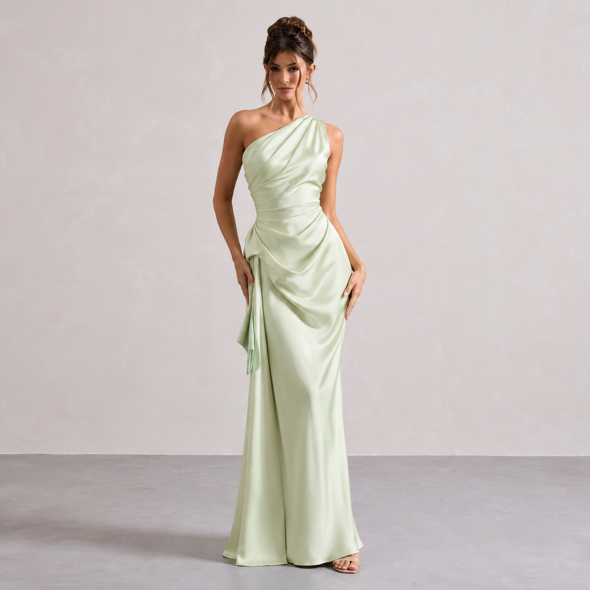One Shoulder Ruched Draped Satin Midi Dress 13