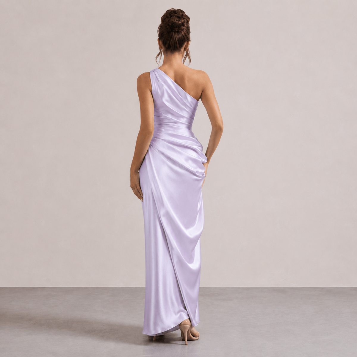 One Shoulder Ruched Draped Satin Midi Dress 18