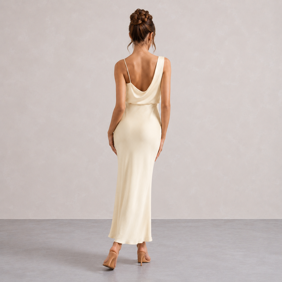 Cowl Neck Asymmetric Strap Satin Slip Maxi Dress 12