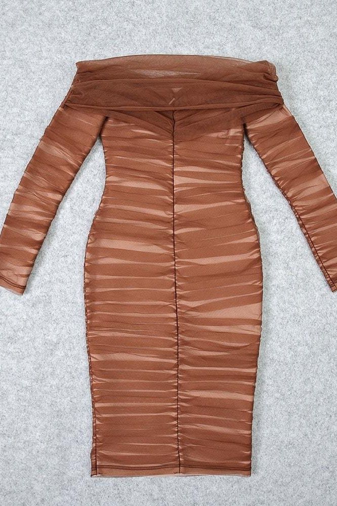 Lila Bodycon Wrap Long Sleeve Dress - Tan Brown - Fashionpara