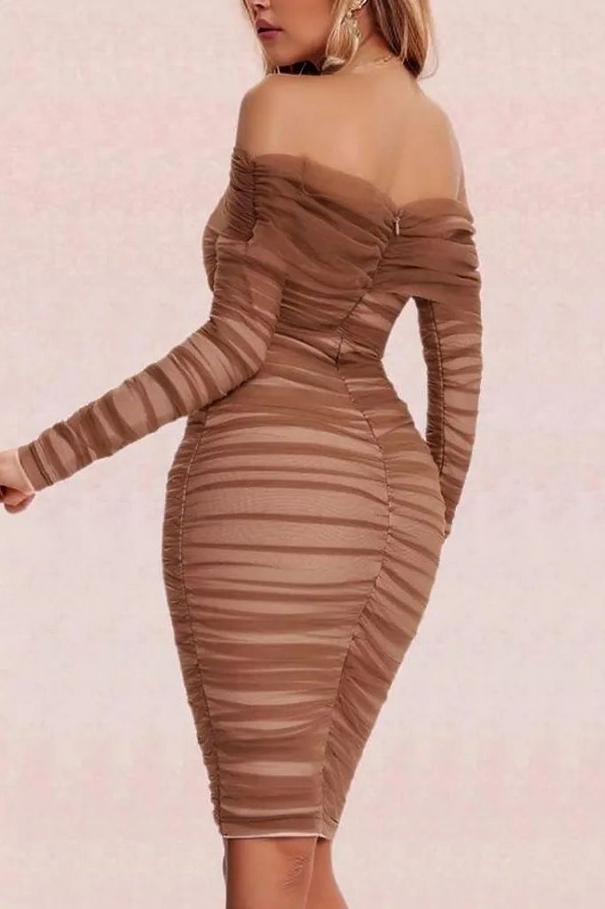 Lila Bodycon Wrap Long Sleeve Dress - Tan Brown - Fashionpara