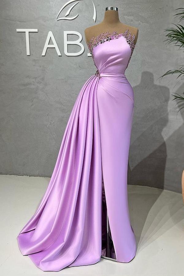 Lilac Long Glitter Sleeveless Evening Dresses With Side Slit - Fashionpara