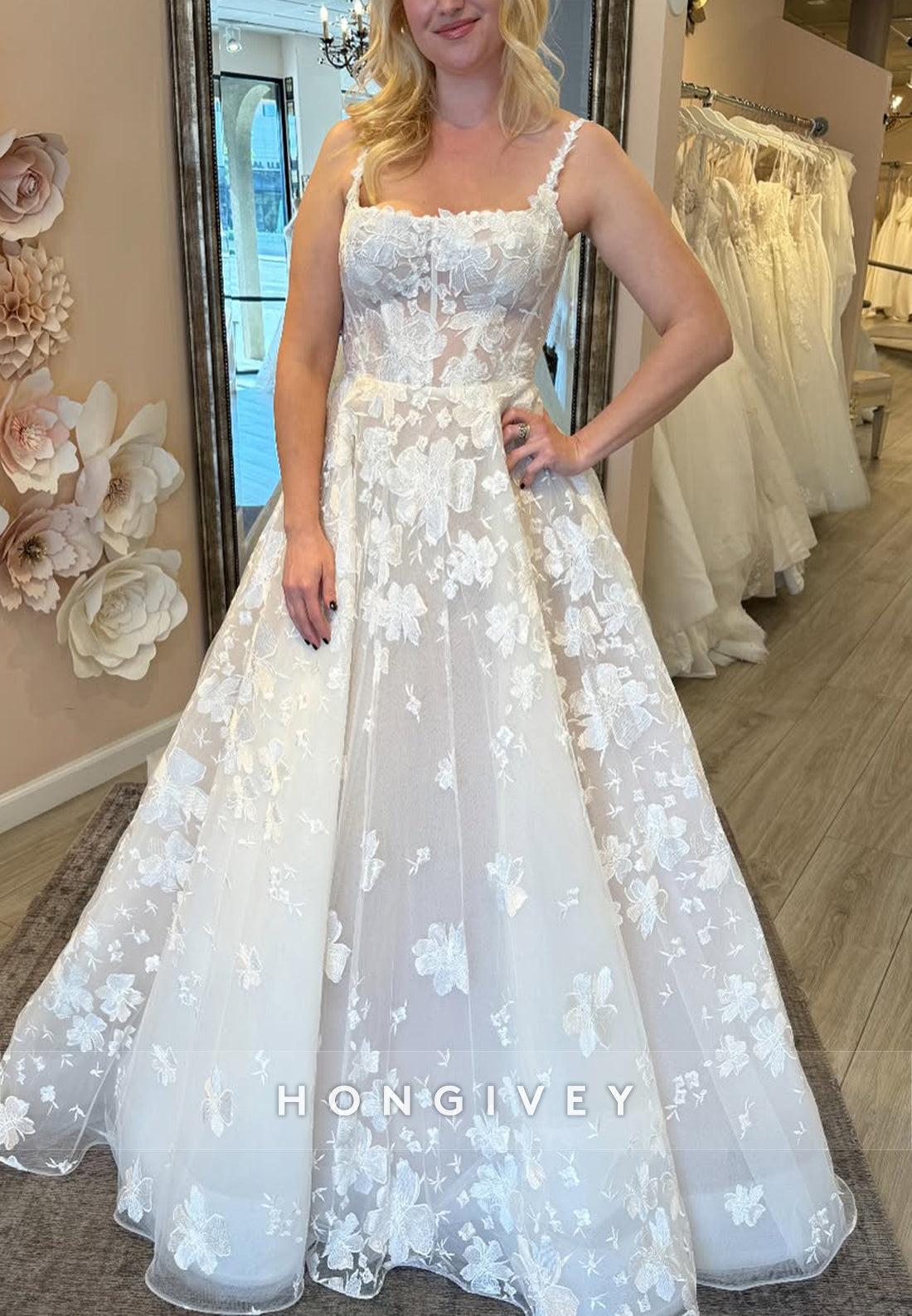 Sleeveless A-Line Square Flowers Pleated Regular Straps Wedding Dresses