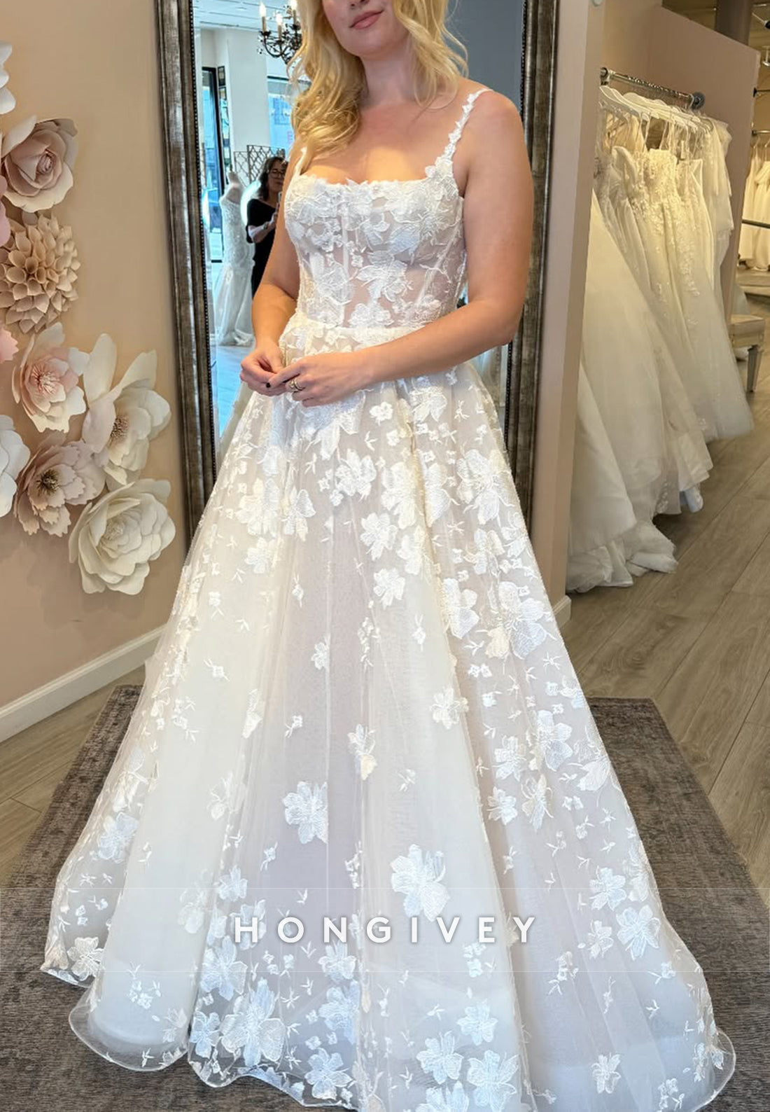 Sleeveless A-Line Square Flowers Pleated Regular Straps Wedding Dresses