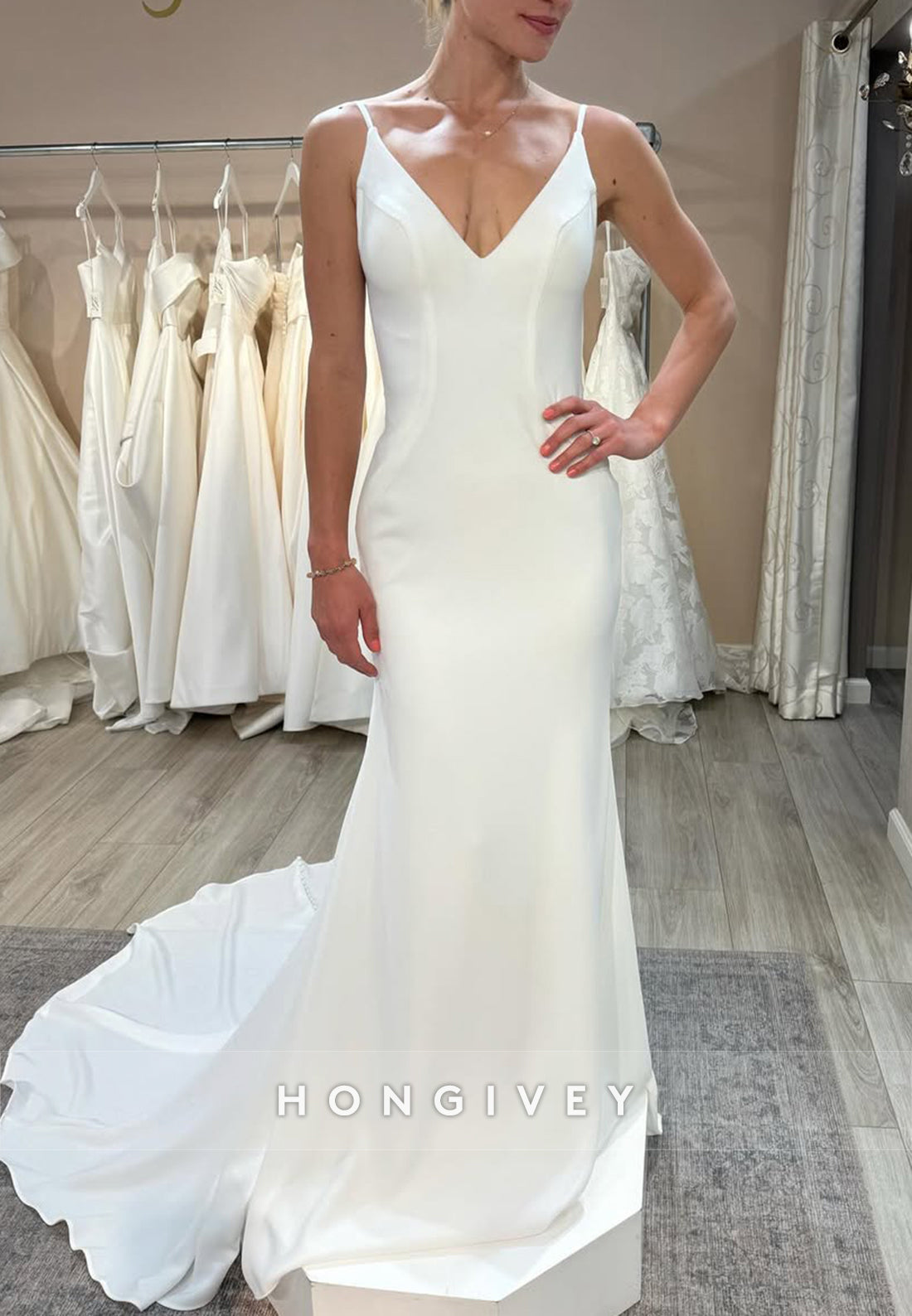 Simple Trumpet Sleeveless V-Neck Court Train Regular Straps Pleated Wedding Dresses