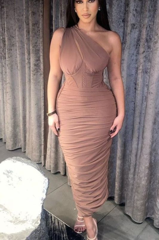 Lily Bodycon Wrap Midi Dress - Tan - Fashionpara