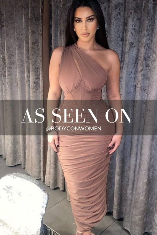 Lily Bodycon Wrap Midi Dress - Tan - Fashionpara