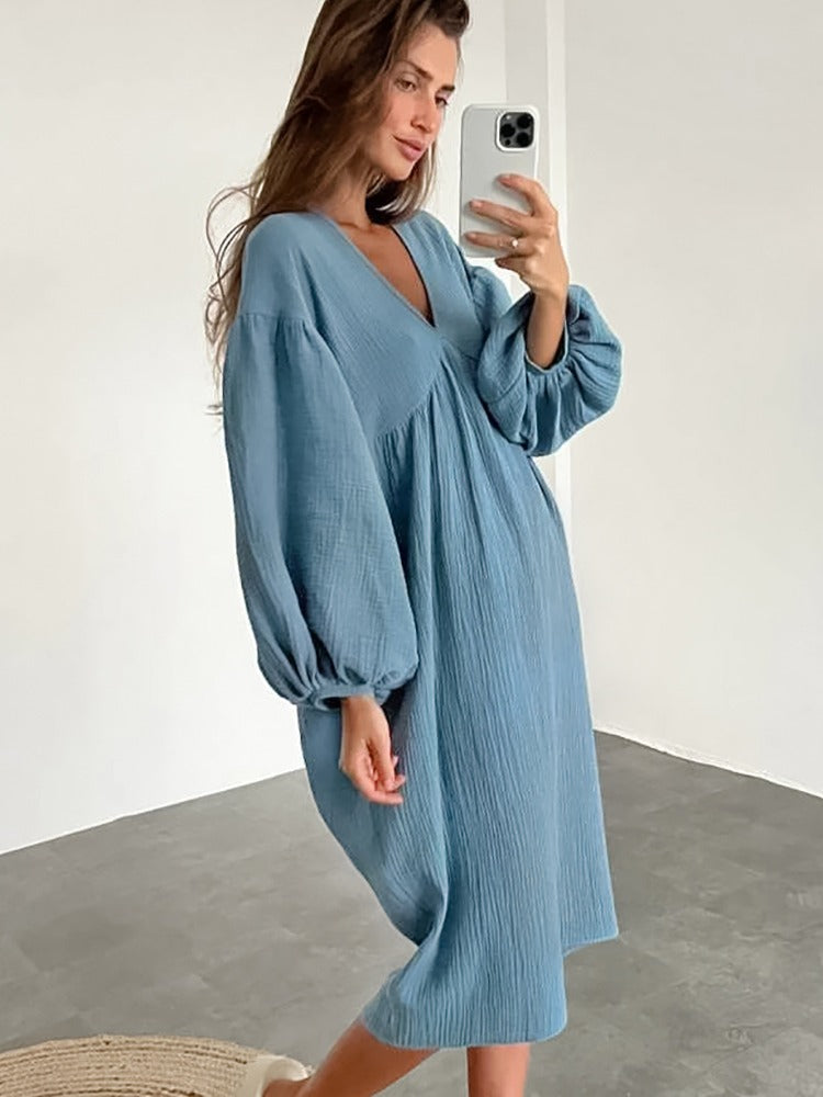 Deep V-Neck Long Balloon Sleeve Empire Waist Crinkle Gauze Midi Dress - View 2