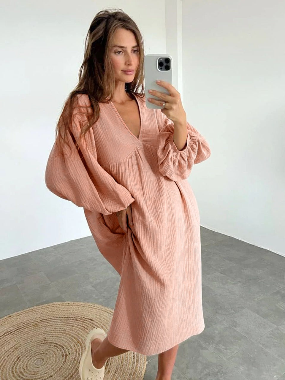 Deep V-Neck Long Balloon Sleeve Empire Waist Crinkle Gauze Midi Dress - View 6