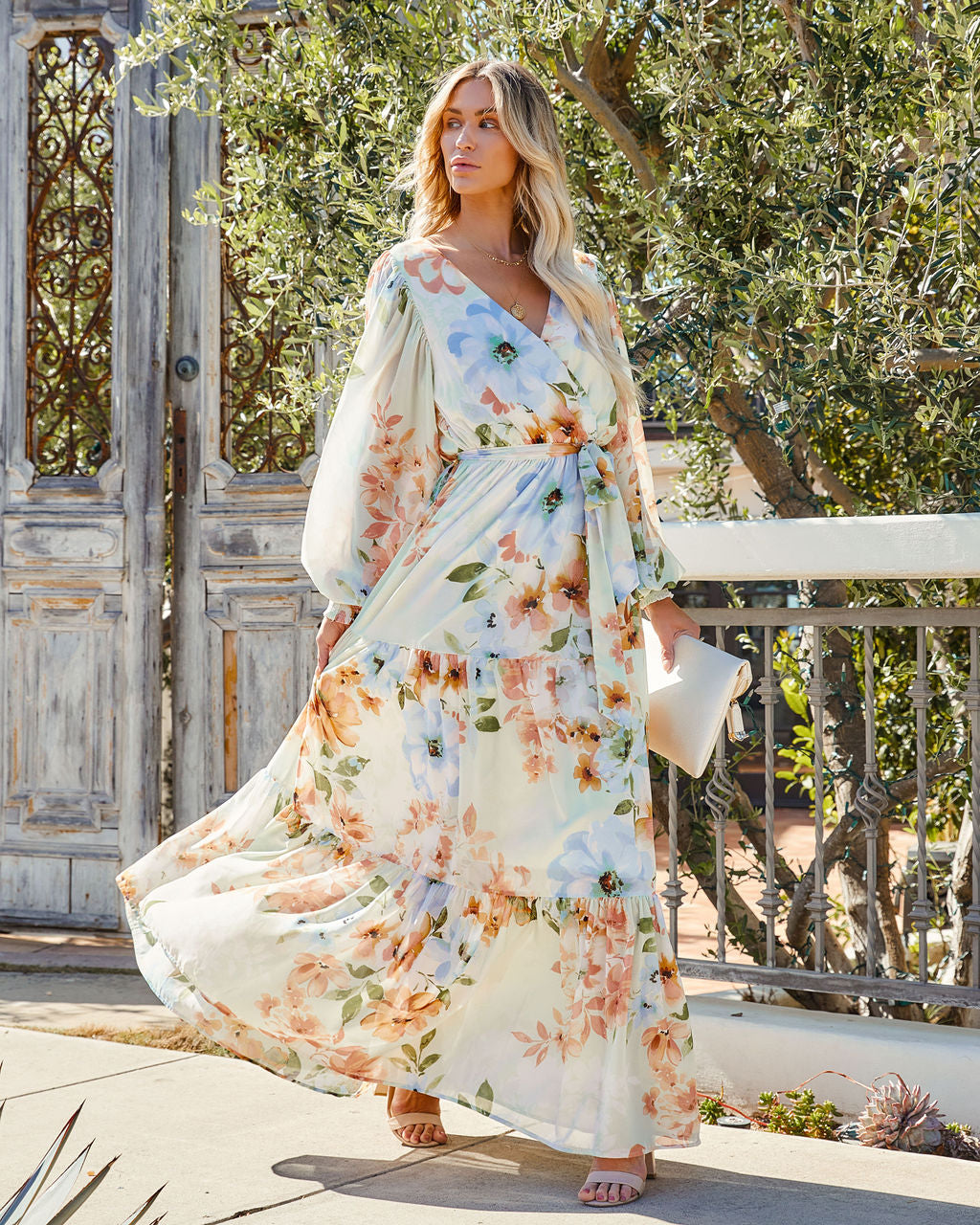 Floral Print Wrap Long Sleeve Tiered Maxi Dress