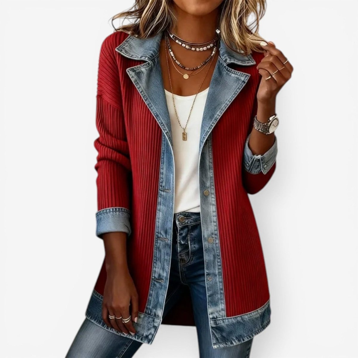 Denim Contrast Ribbed Longline Shirt Jacket