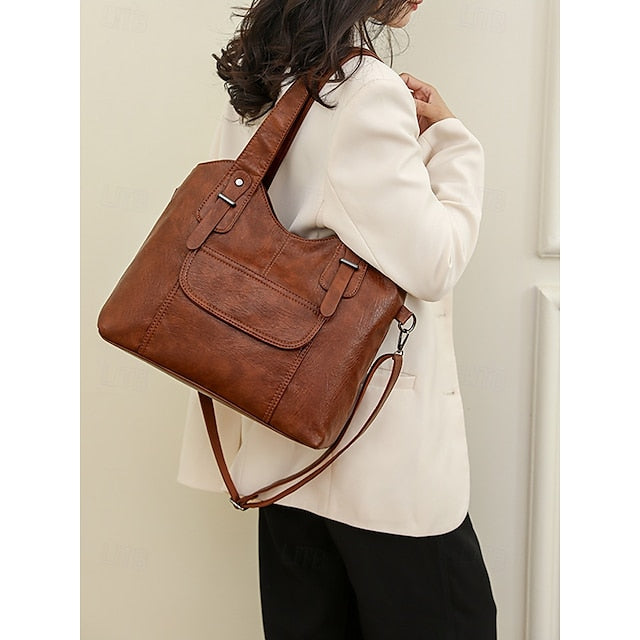 Brown Faux Bag Leather Tote with Vintage Dual
