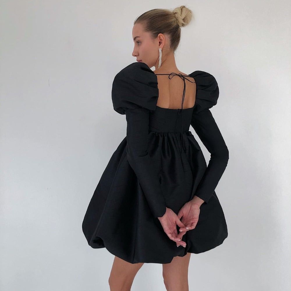 Square-Neck Puff-Sleeve Bubble-Hem Mini Dress 2
