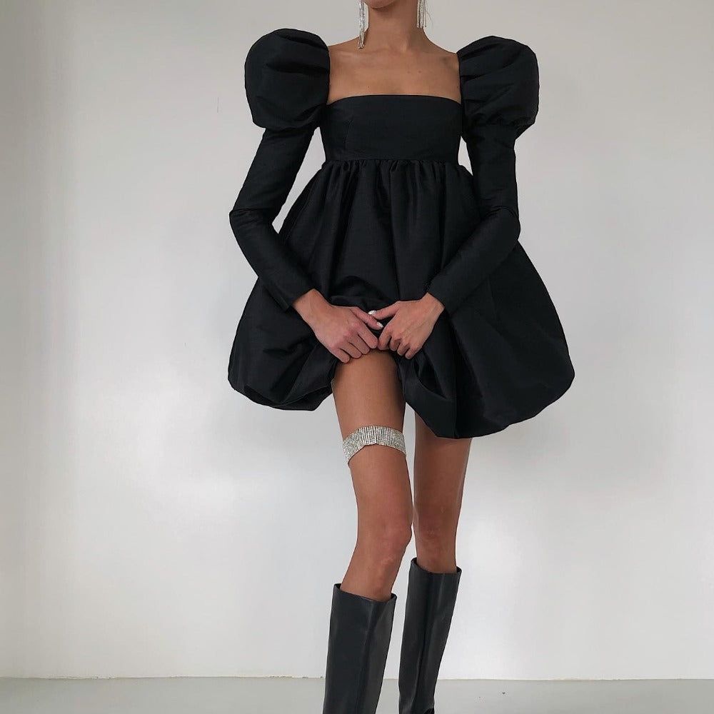 Square-Neck Puff-Sleeve Bubble-Hem Mini Dress