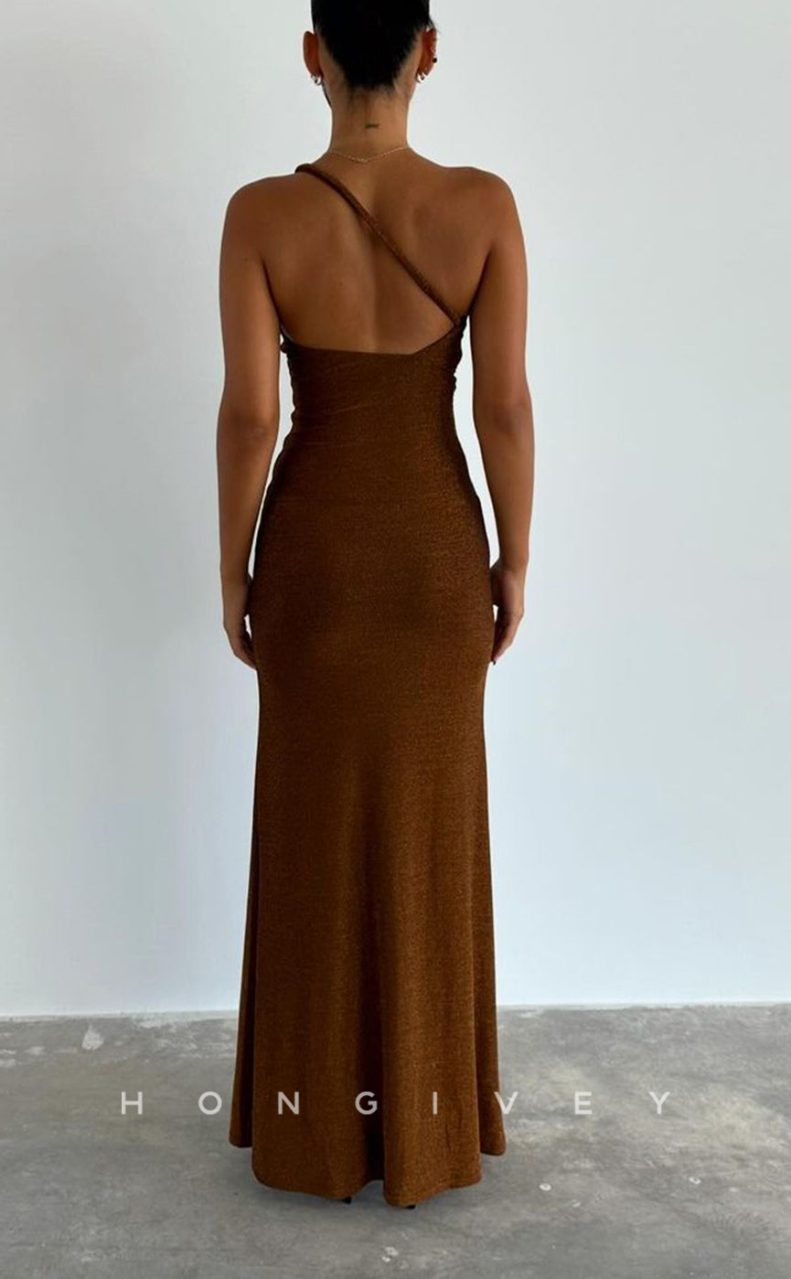 L2787 - Satin Fitted One Shoulder With Side Slit Pleats Party Prom Evening Dress - Fashionpara