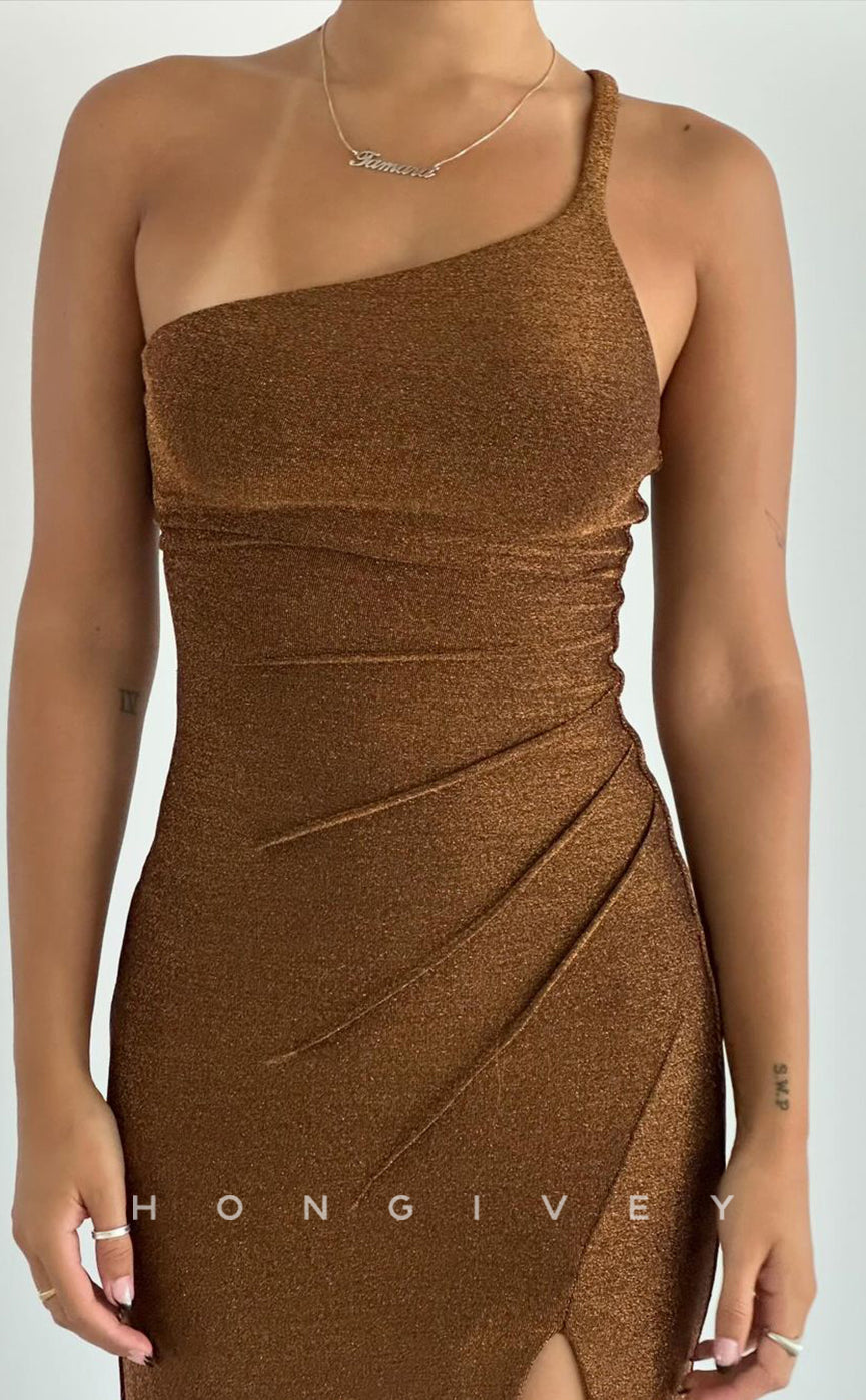 L2787 - Satin Fitted One Shoulder With Side Slit Pleats Party Prom Evening Dress - Fashionpara