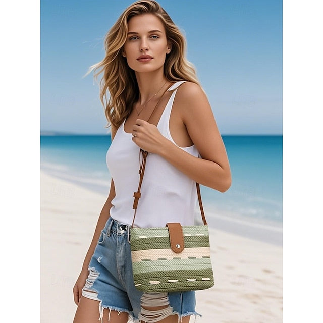 Striped with Bag Colorblock Straw Woven Brown Tote