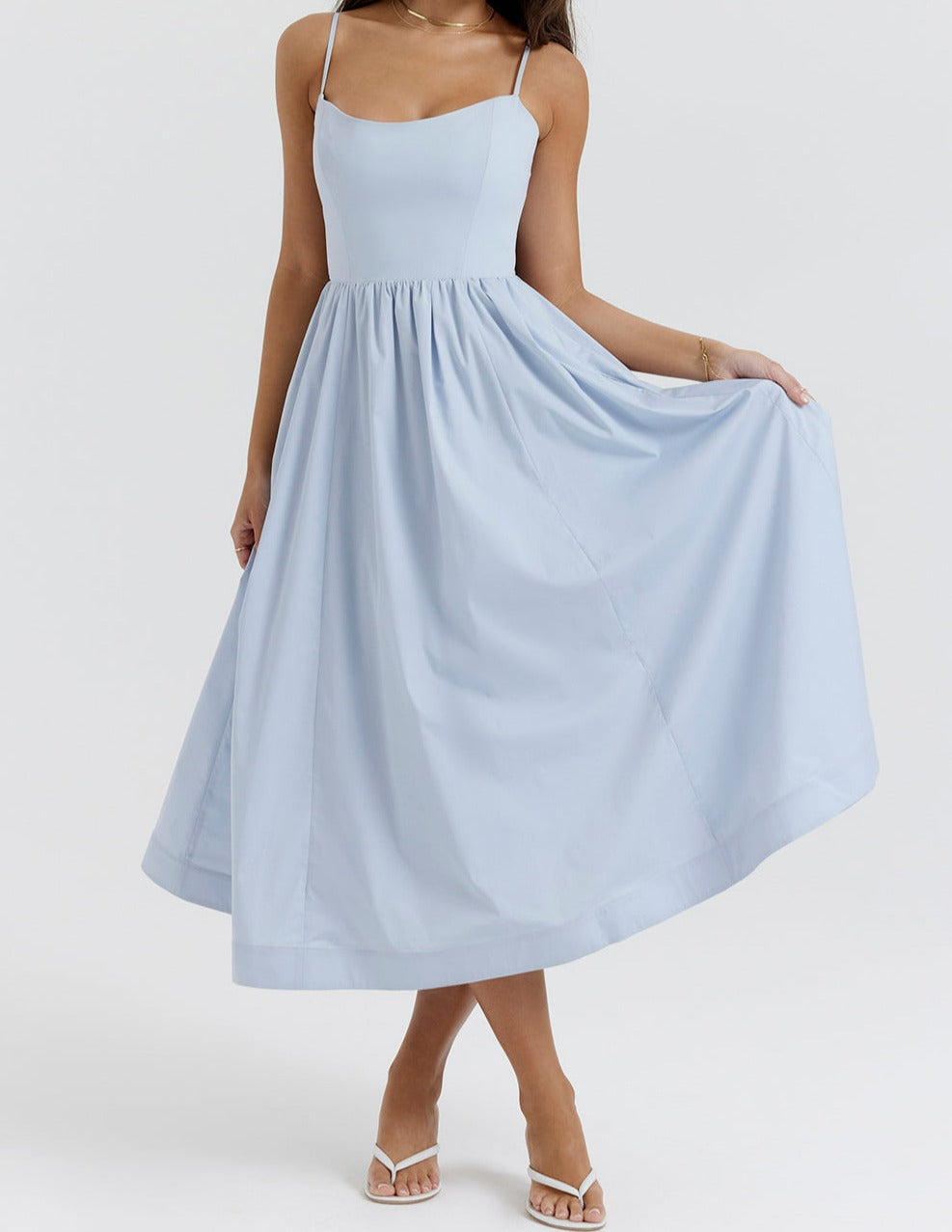 Spaghetti Strap Scoop Neck Seamed Bodice A-Line Midi Dress - View 16