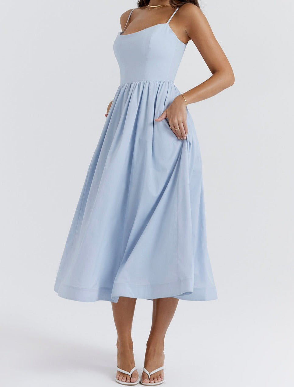 Spaghetti Strap Scoop Neck Seamed Bodice A-Line Midi Dress - View 13