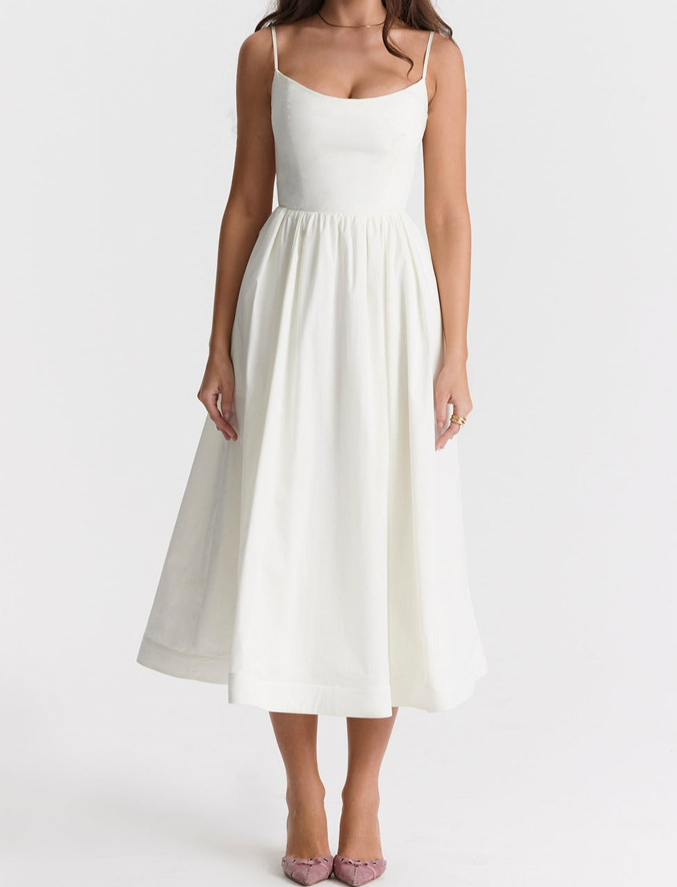 Spaghetti Strap Scoop Neck Seamed Bodice A-Line Midi Dress - View 3