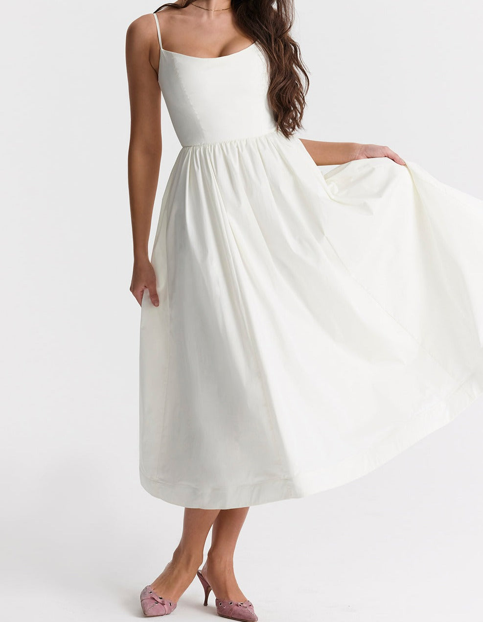 Spaghetti Strap Scoop Neck Seamed Bodice A-Line Midi Dress - View 23