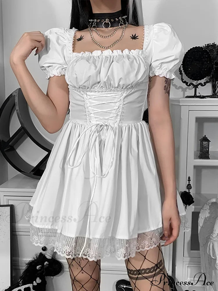Lolita Black Goth Aesthetic Puff Sleeve High Waist Mini Vintage Lace Trim Bandage Corset Dress - Fashionpara