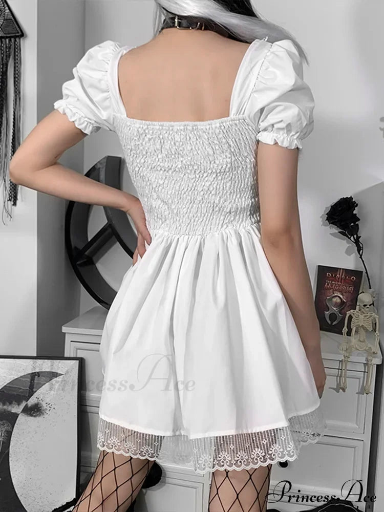 Lolita Black Goth Aesthetic Puff Sleeve High Waist Mini Vintage Lace Trim Bandage Corset Dress - Fashionpara