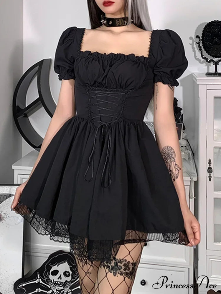 Lolita Black Goth Aesthetic Puff Sleeve High Waist Mini Vintage Lace Trim Bandage Corset Dress - Fashionpara