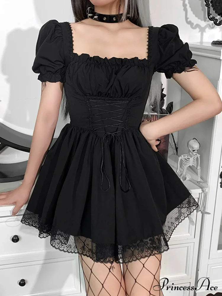 Lolita Black Goth Aesthetic Puff Sleeve High Waist Mini Vintage Lace Trim Bandage Corset Dress - Fashionpara