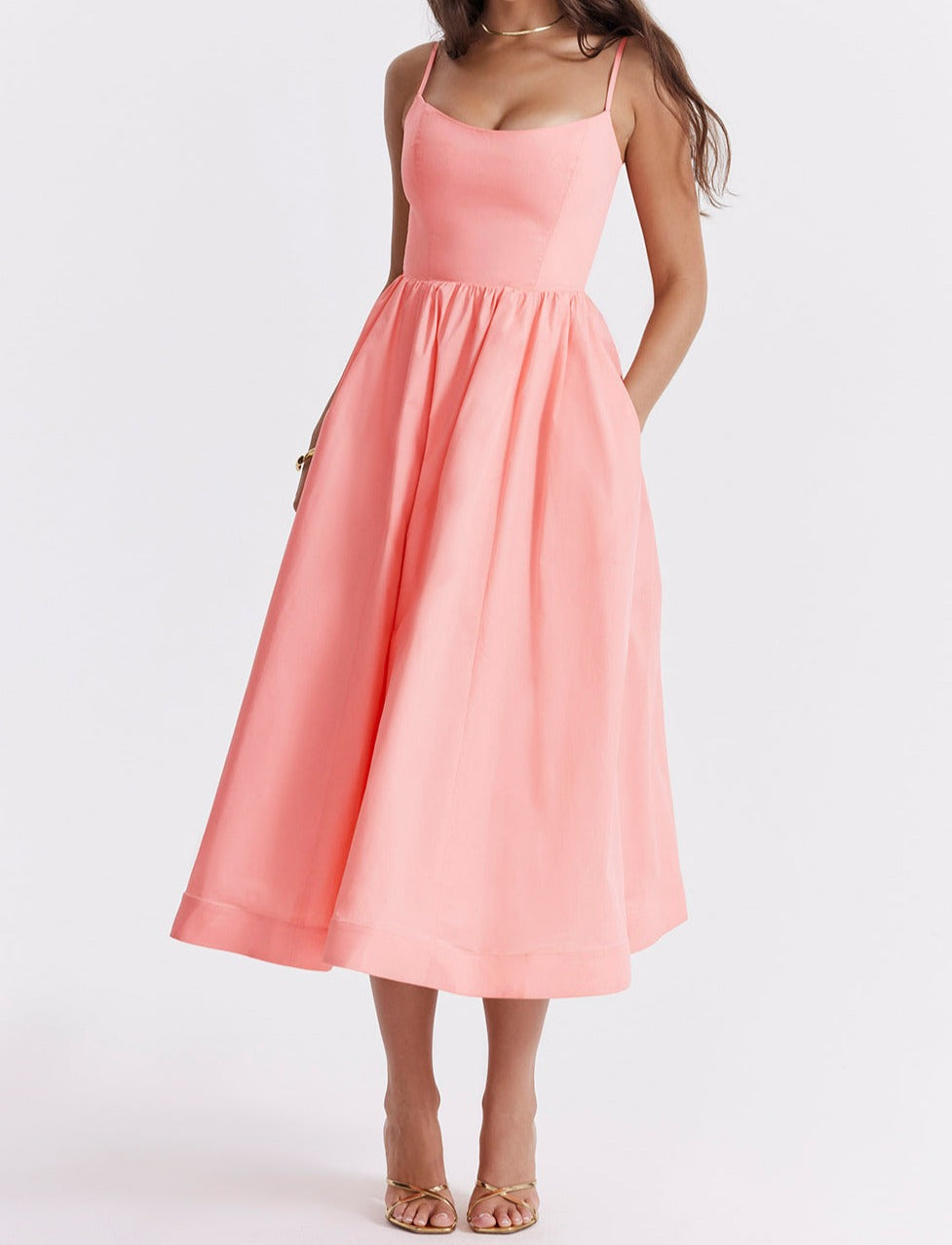 Spaghetti Strap Scoop Neck Seamed Bodice A-Line Midi Dress - View 10