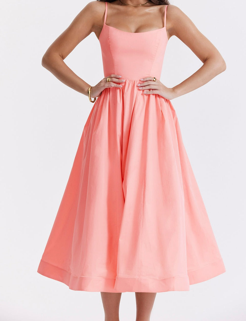 Spaghetti Strap Scoop Neck Seamed Bodice A-Line Midi Dress - View 8