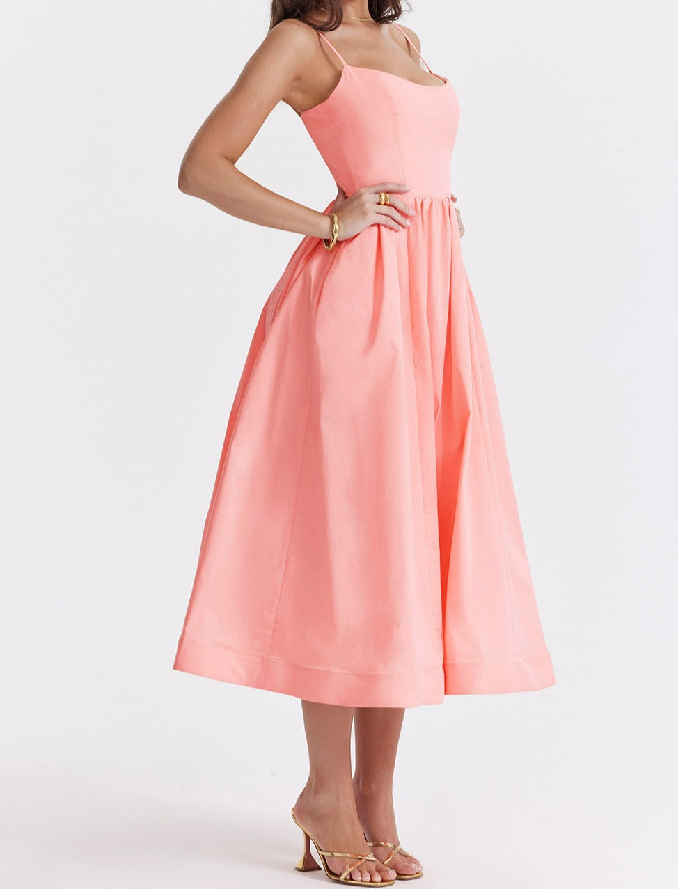 Spaghetti Strap Scoop Neck Seamed Bodice A-Line Midi Dress - View 7