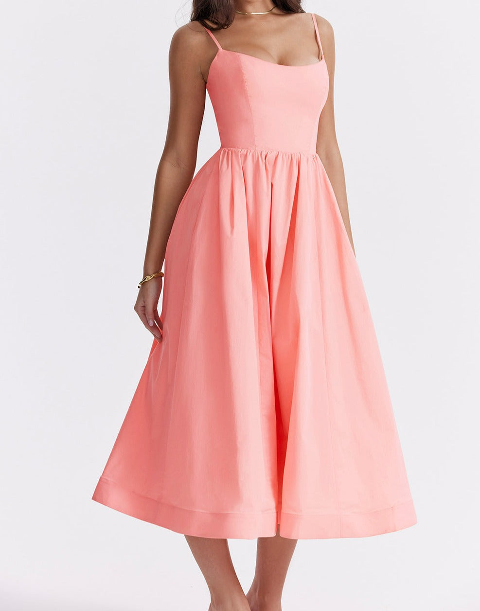 Spaghetti Strap Scoop Neck Seamed Bodice A-Line Midi Dress - View 5