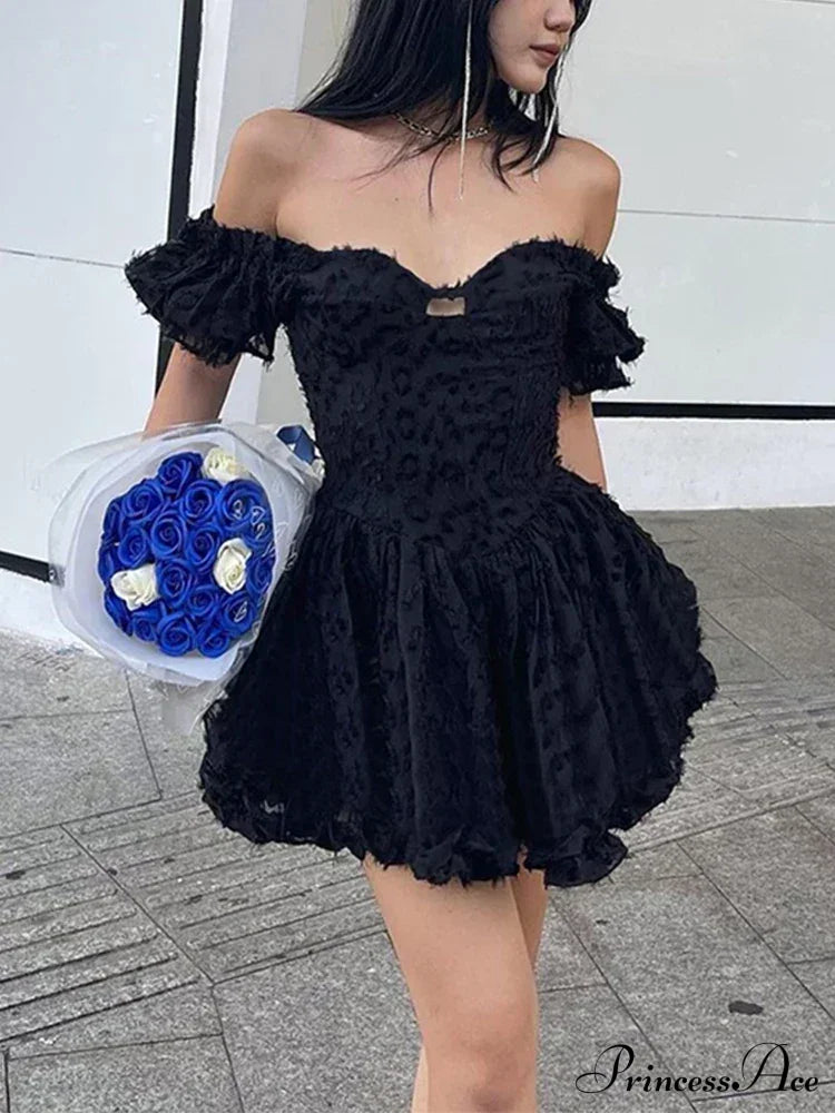 Lolita Summer Vintage High Waist Black Ball Gown Goth Aesthetic Puff Sleeve V-neck Corset Mini Dress - Fashionpara