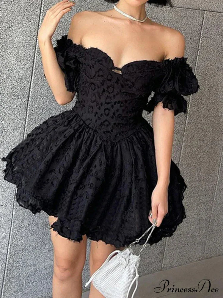 Lolita Summer Vintage High Waist Black Ball Gown Goth Aesthetic Puff Sleeve V-neck Corset Mini Dress - Fashionpara