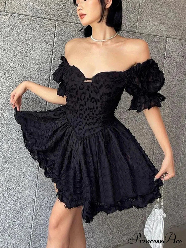 Lolita Summer Vintage High Waist Black Ball Gown Goth Aesthetic Puff Sleeve V-neck Corset Mini Dress - Fashionpara