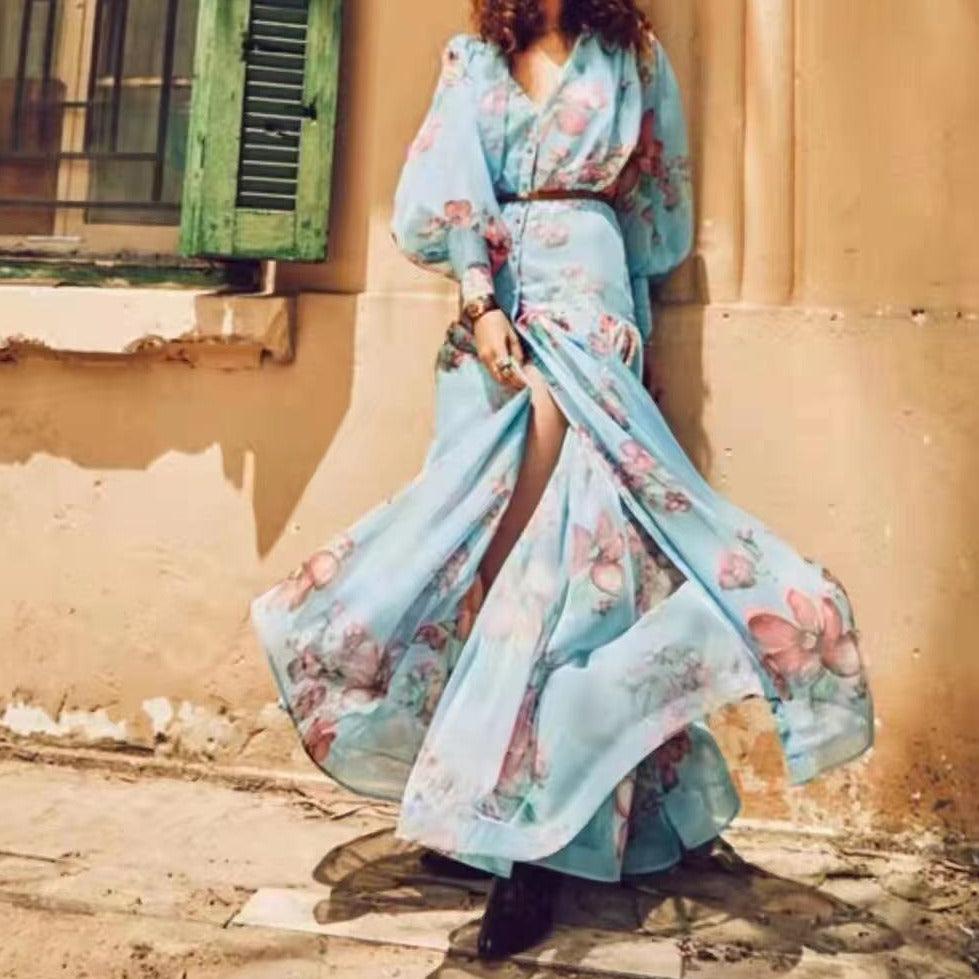 Floral Print V-Neck Long Sleeve Button-Front Maxi Dress