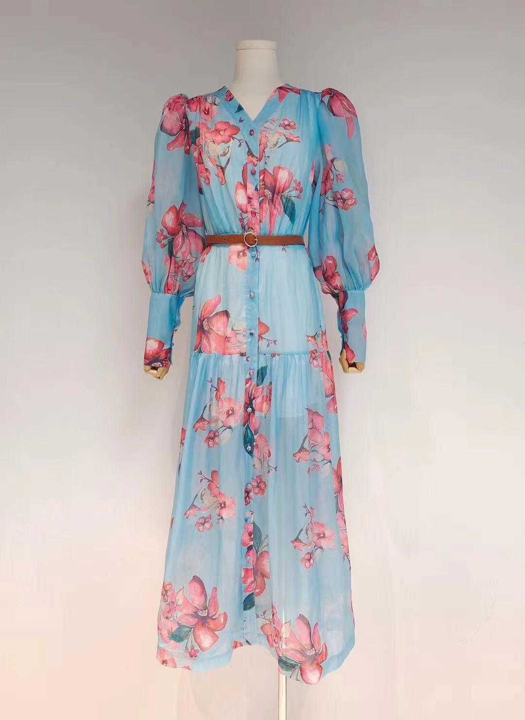 Floral Print V-Neck Long Sleeve Button-Front Maxi Dress