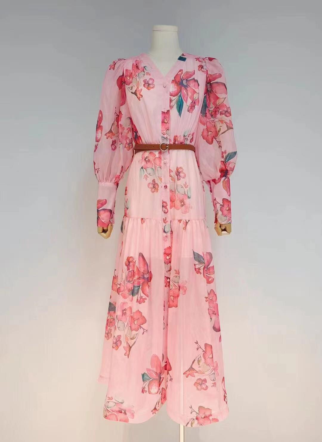 Floral Print V-Neck Long Sleeve Button-Front Maxi Dress