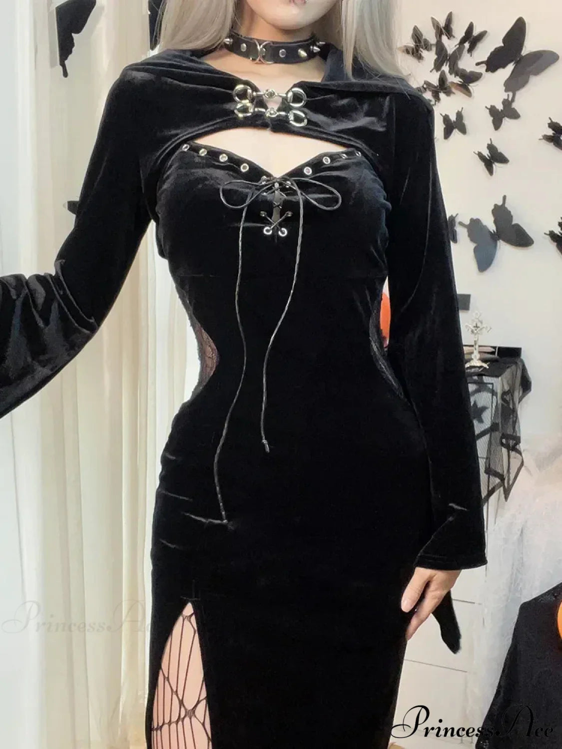 Long Dress Suit With Hat See Through Velvet Lace Cutout High Slit Long Sleeve Button Lace-up Party Dress