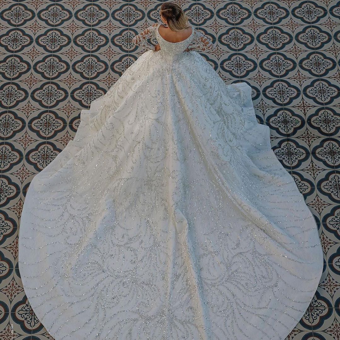 Long Sleeve Ball Gown Wedding Dress With Beads - Fashionpara