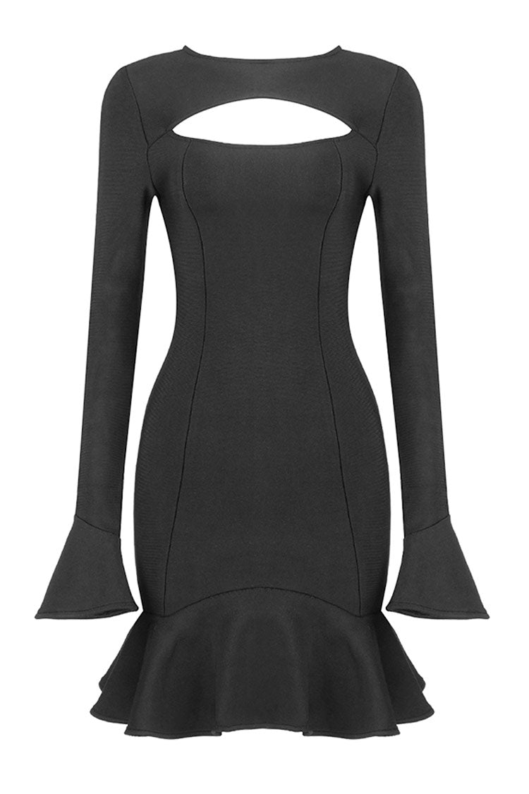 Long Sleeve Cutout Front Ruffle Hem Bandage Mini Dress - Black Fashionpara