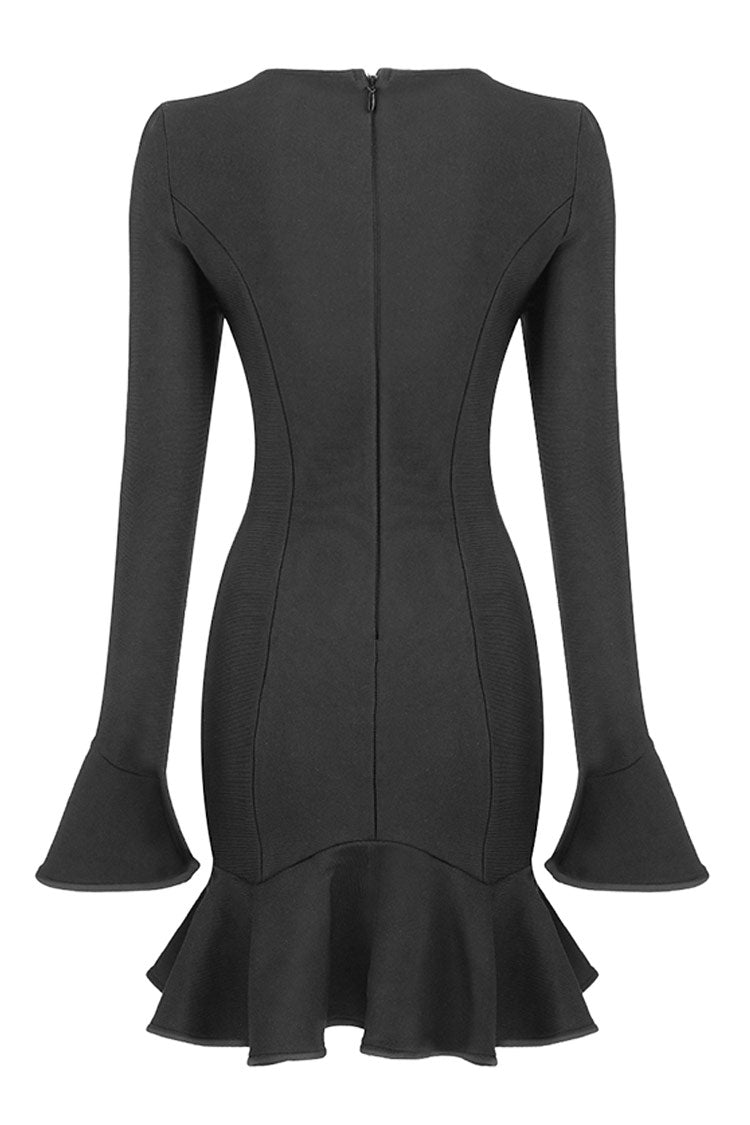 Long Sleeve Cutout Front Ruffle Hem Bandage Mini Dress - Black Fashionpara