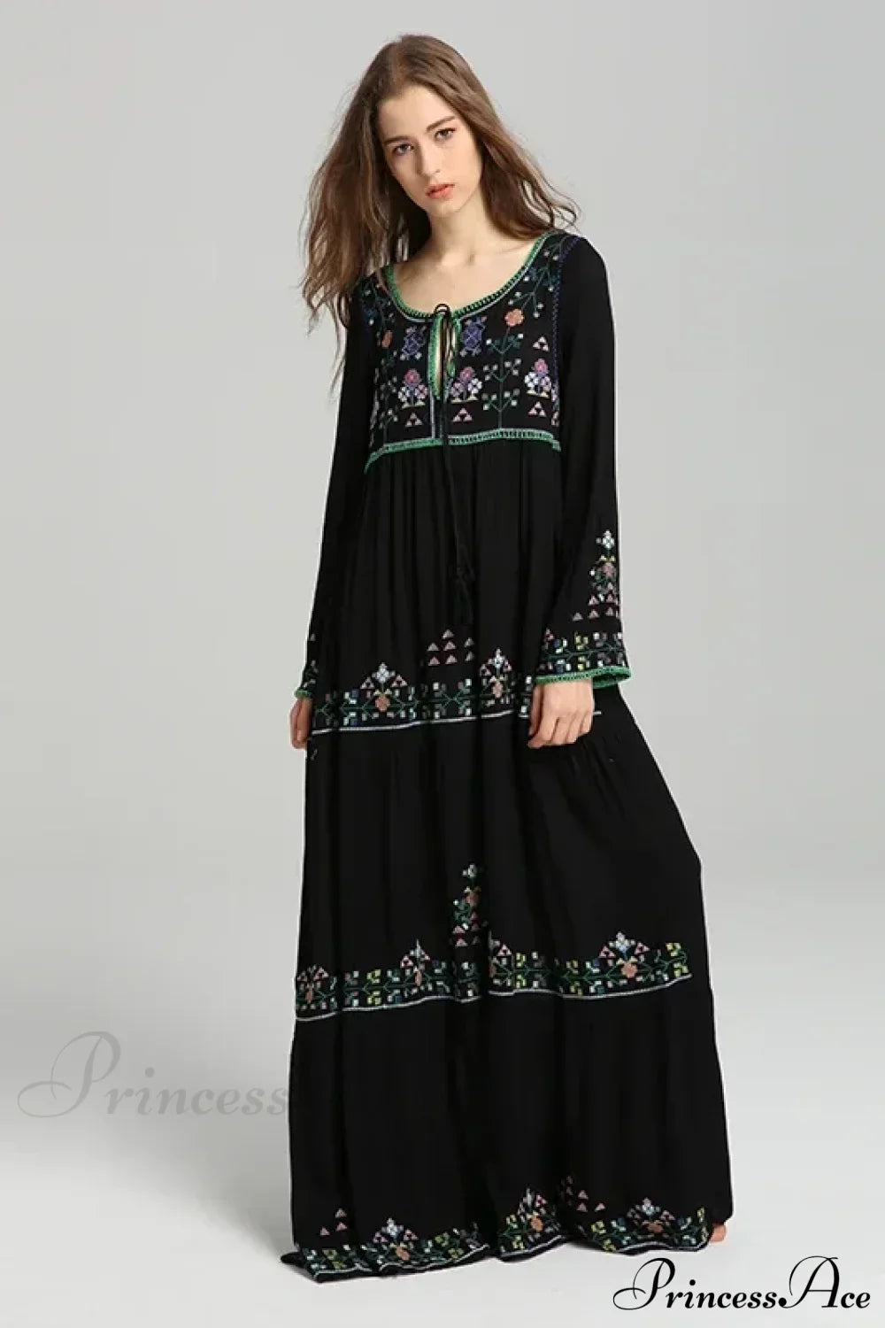 Long Sleeve Ethnic Tunic Maxi Dress Black / S bohodress-250126
