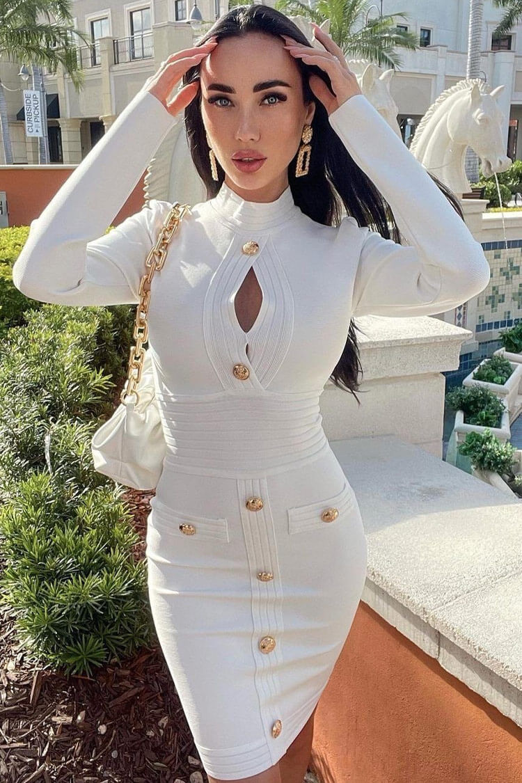 Long Sleeve High Neck Buttoned Front Cutout Bandage Midi Dress - White Fashionpara