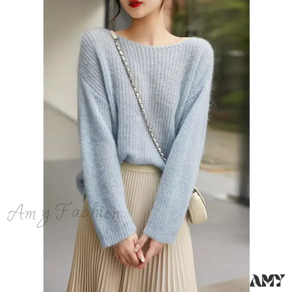 Long Sleeve Knitted Pullover V-Neck Basic Solid OL Sweater 5
